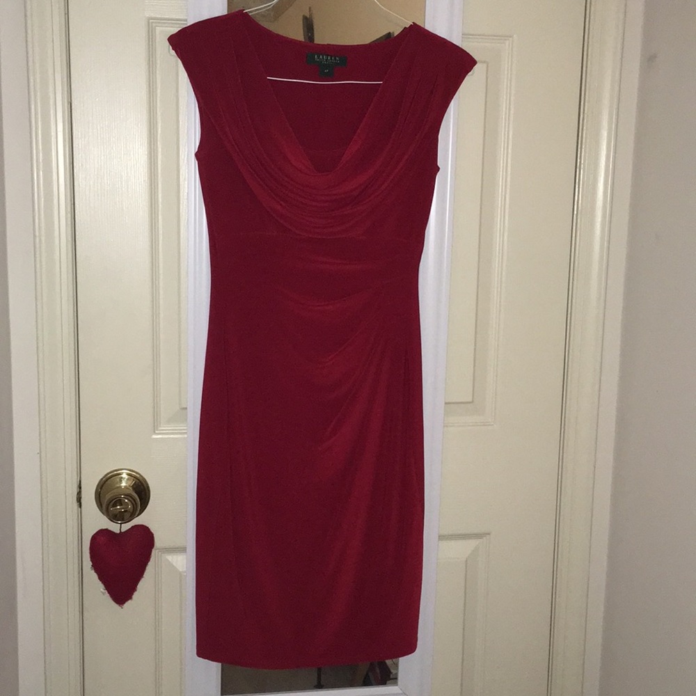 Cowl neck sleeveless jersey sheath dress